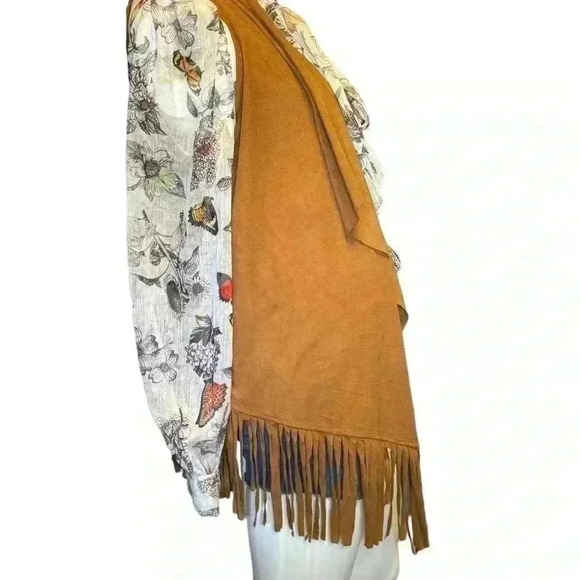 French Laundry Tan Faux Suede Fleece Lined  Draped Front fringe Vest Sz S. G#252 - Picture 5 of 10